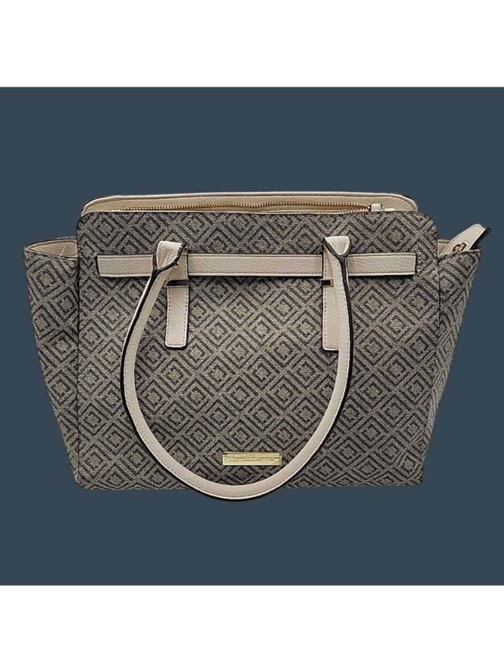 VintageLiz Claiborne Geometric Satchel Tote Bag Cream Taupe Canvas Faux Leather